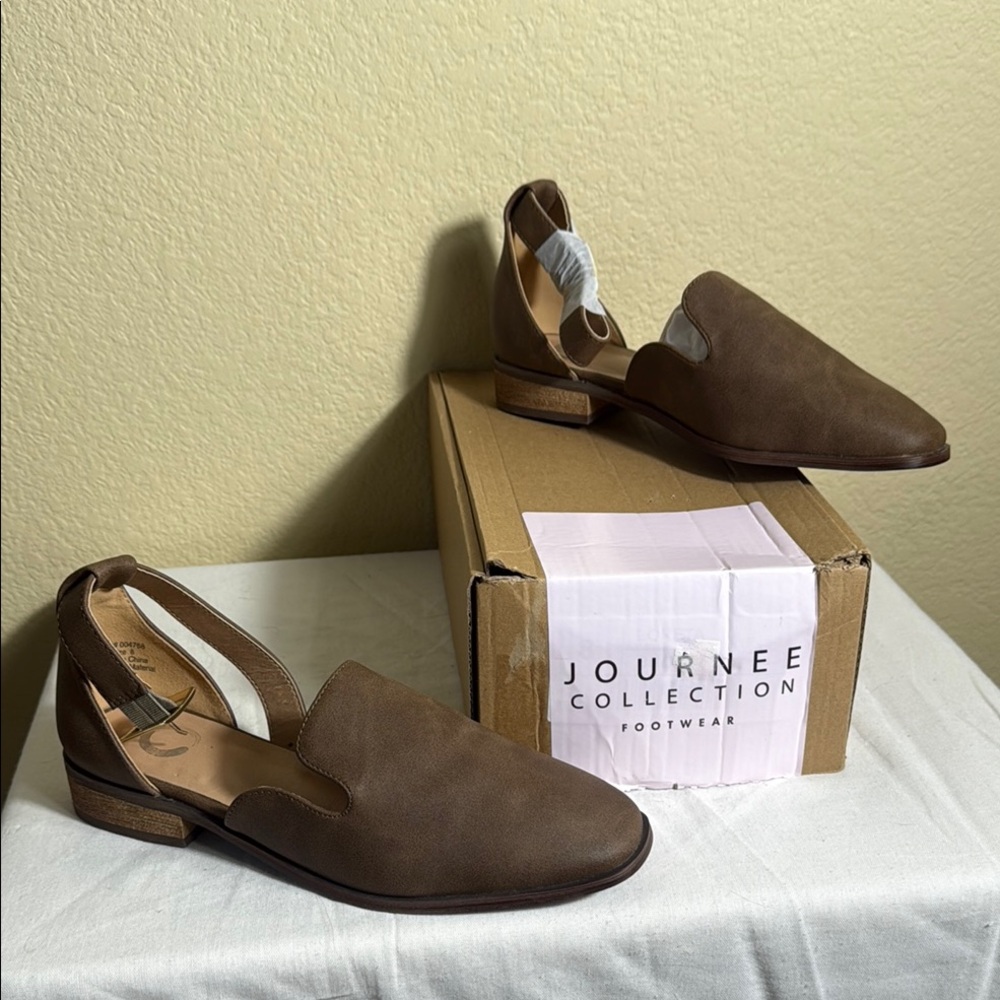 Journee Collection Brown Leather Flats Slip-On Design
